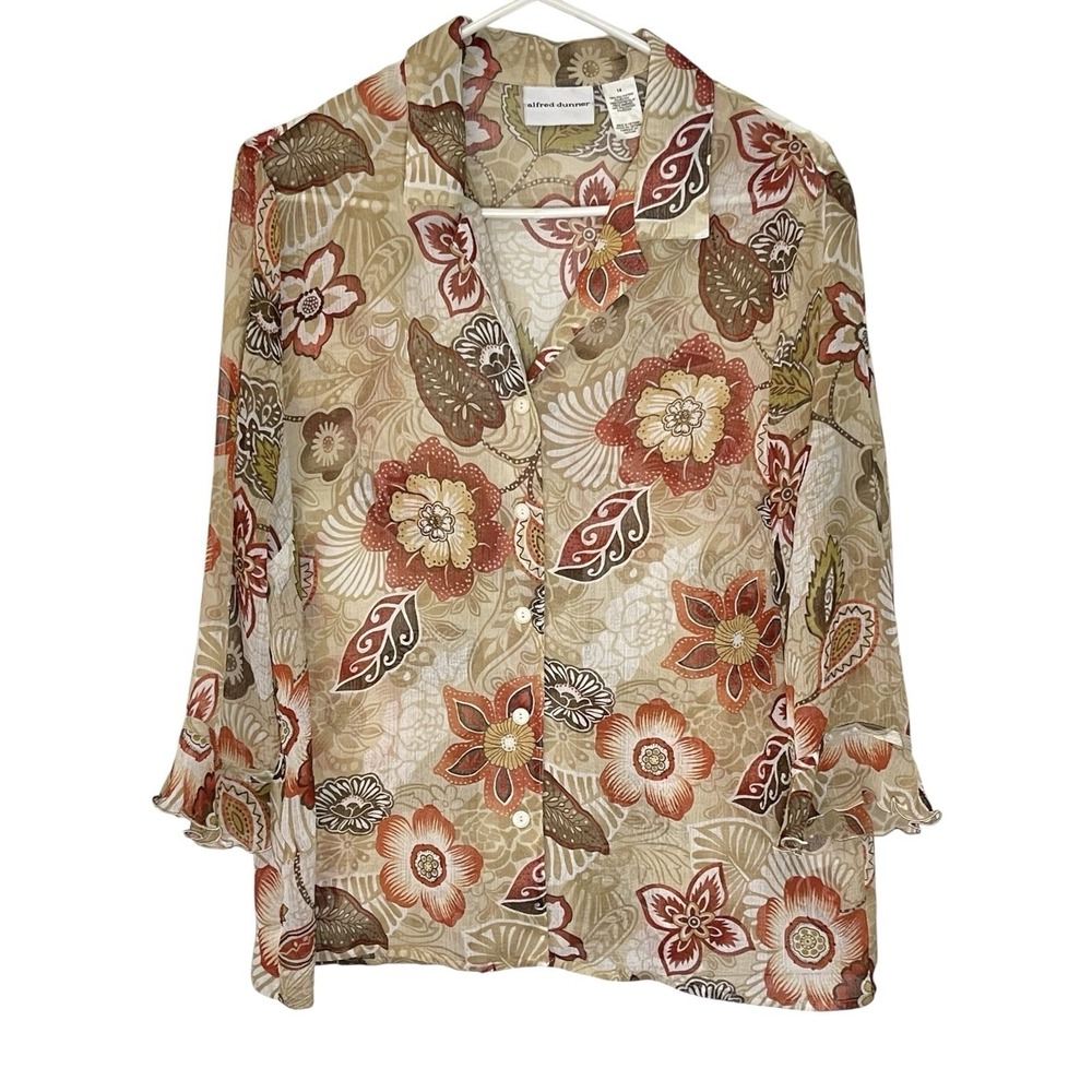 Alfred Dunner 14 Tan Floral Blouse Ruffle Sleeve Sheer Button Up Cottagecore